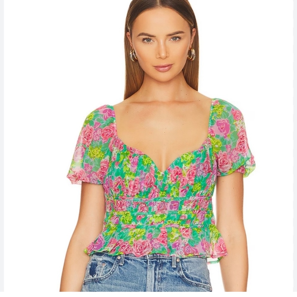 ASTR The Label Pink and Green Flutter Sleeve Blouse - Medium